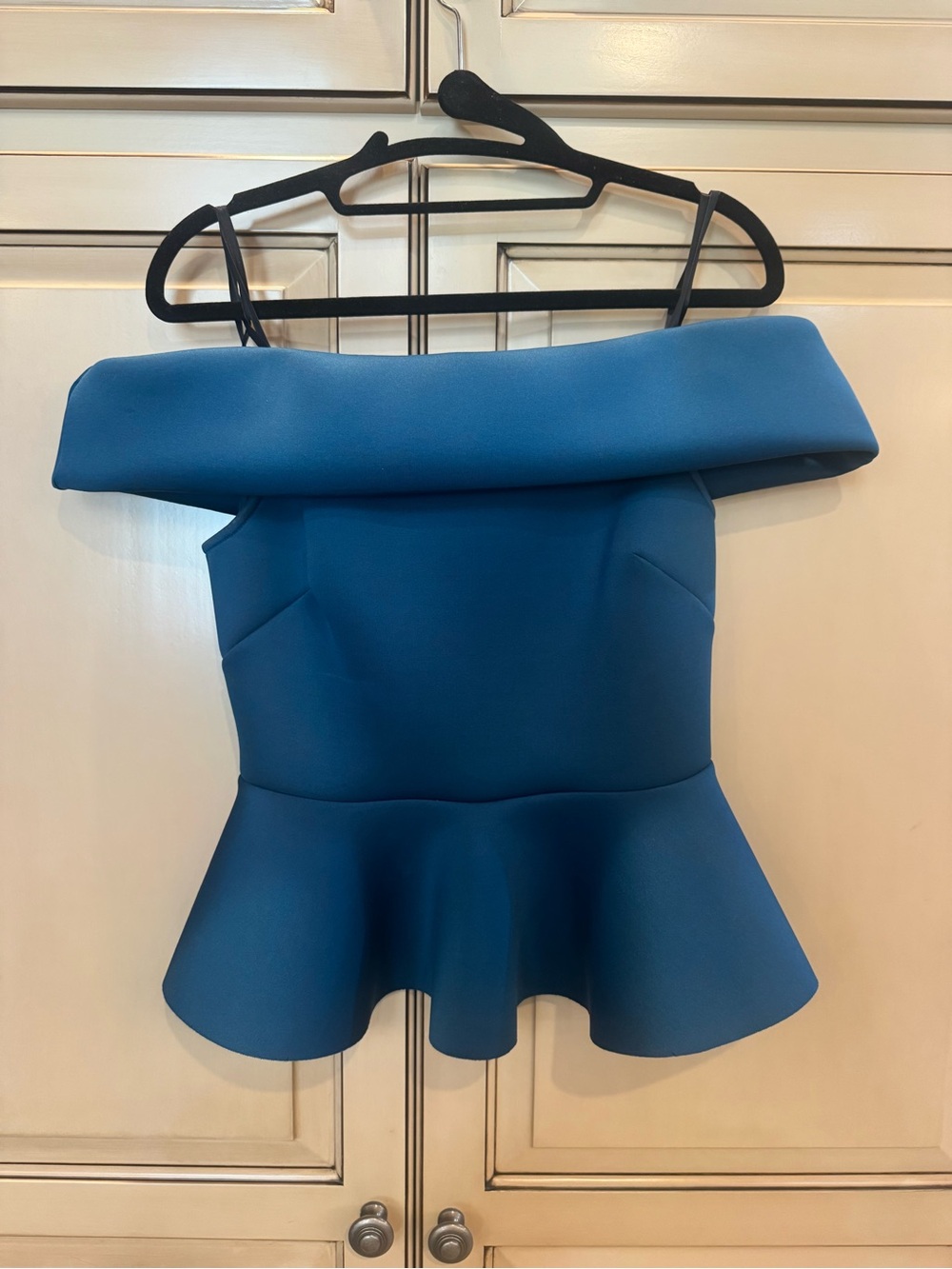 bebe Teal Blue Off-Shoulder Peplum Top